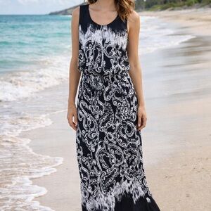 Kiara S Black White Paisley Maxi Dress Sleeveless Beach Vacation